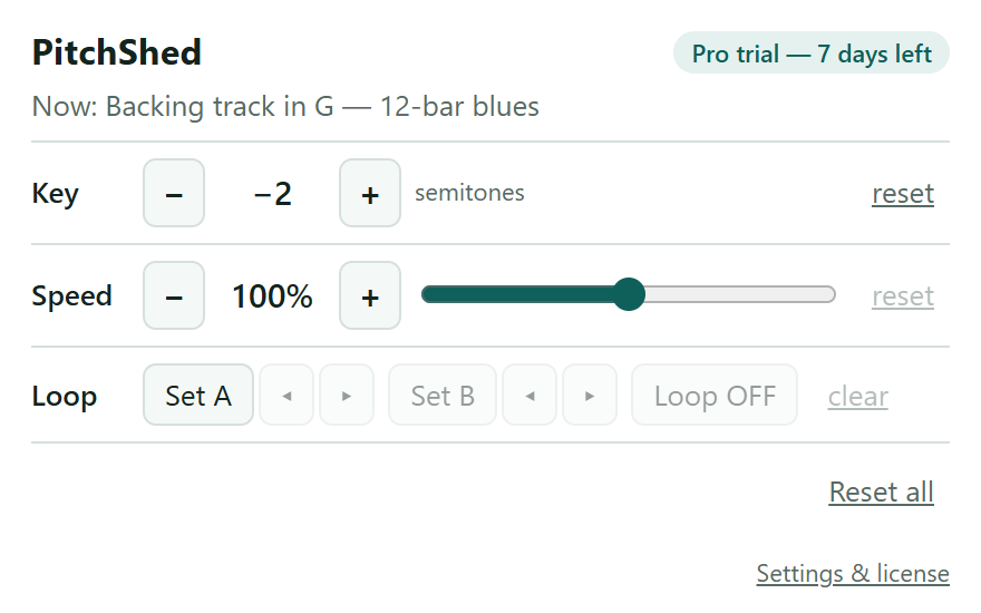 The PitchShed popup with the key lowered by two semitones and the speed at 100 percent