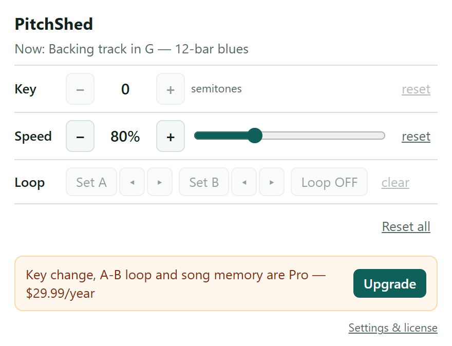 The PitchShed popup after the trial: speed still works, the key and loop controls are grayed out, and a note says they are Pro