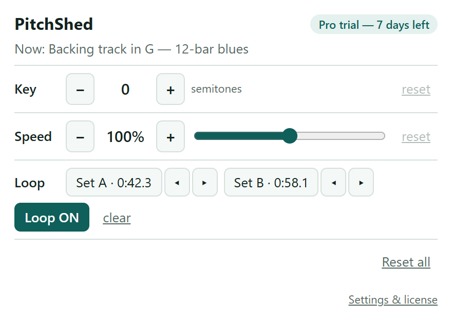 The PitchShed popup with a loop set from 0:42.3 to 0:58.1 and Loop ON highlighted