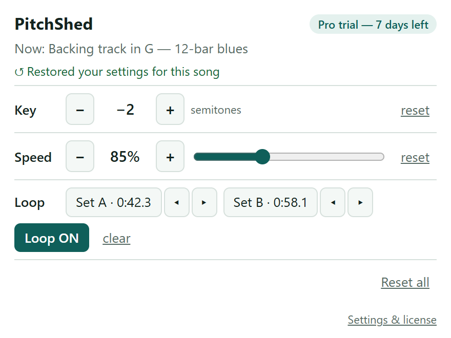 The PitchShed popup on a song practiced before: key −2, speed 85 %, loop from 0:42.3 to 0:58.1, and the note 'Restored your settings for this song'