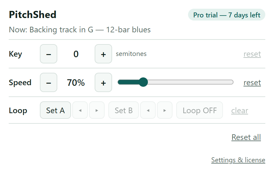 The PitchShed popup with the Speed row at 100 percent and the slider in the middle